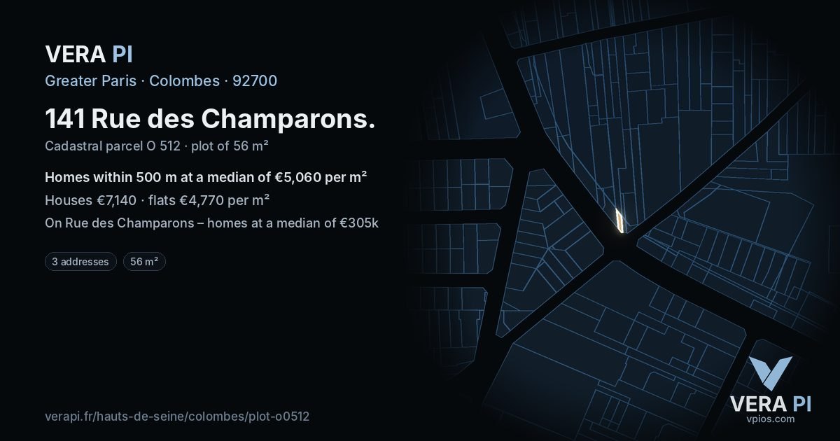 141 Rue des Champarons, Colombes at night – the plot lit, the parcels around coloured by the prices near them