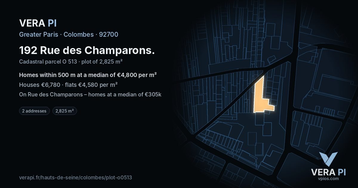 192 Rue des Champarons, Colombes at night – the plot lit, the parcels around coloured by the prices near them