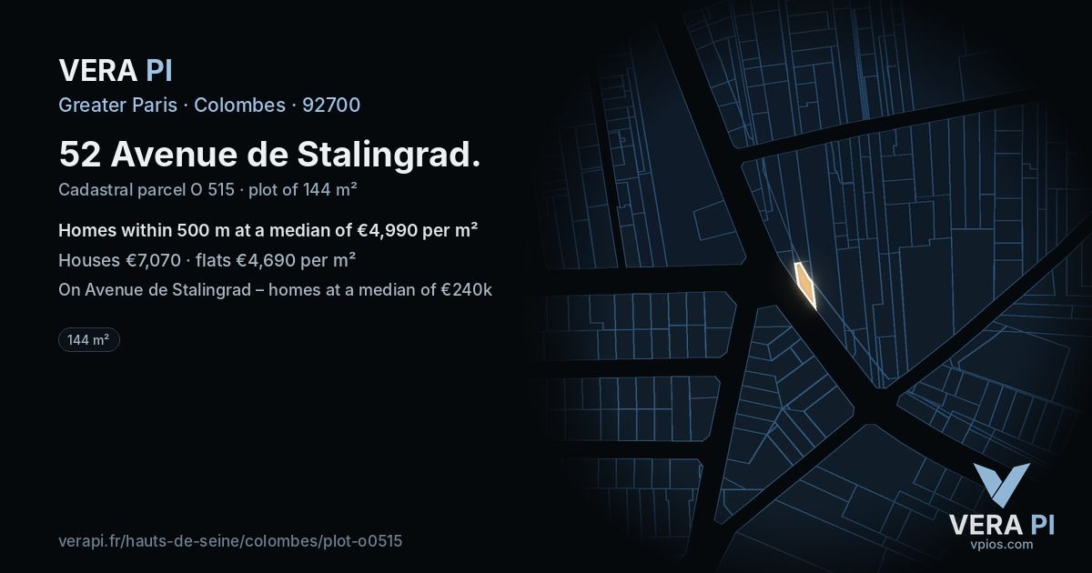 52 Avenue de Stalingrad, Colombes at night – the plot lit, the parcels around coloured by the prices near them