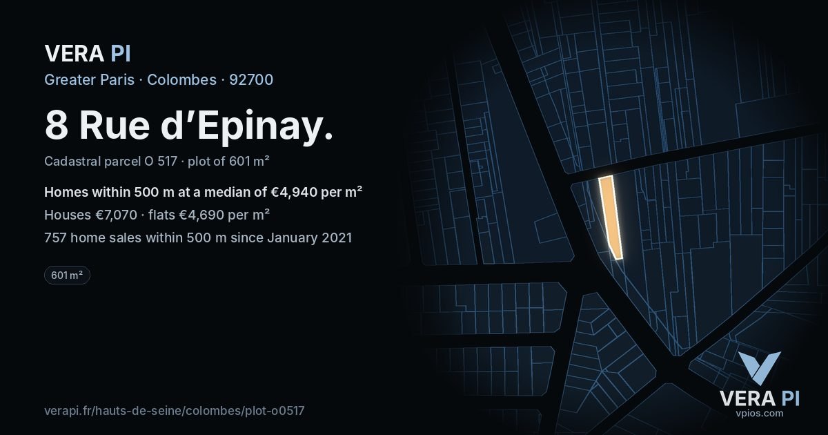 8 Rue d’Epinay, Colombes at night – the plot lit, the parcels around coloured by the prices near them