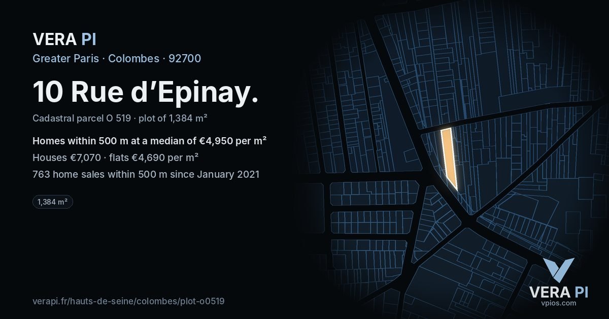 10 Rue d’Epinay, Colombes at night – the plot lit, the parcels around coloured by the prices near them