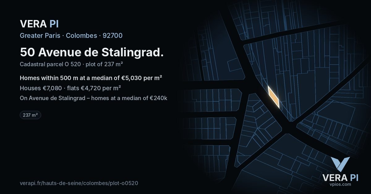 50 Avenue de Stalingrad, Colombes at night – the plot lit, the parcels around coloured by the prices near them