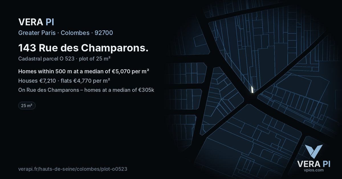 143 Rue des Champarons, Colombes at night – the plot lit, the parcels around coloured by the prices near them