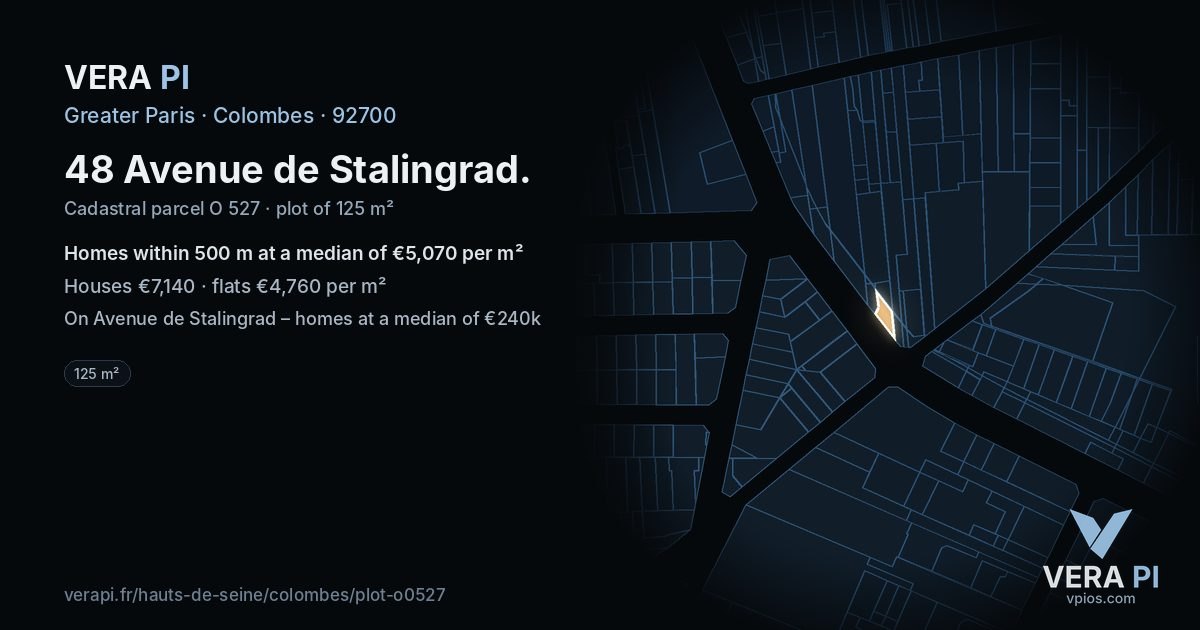 48 Avenue de Stalingrad, Colombes at night – the plot lit, the parcels around coloured by the prices near them
