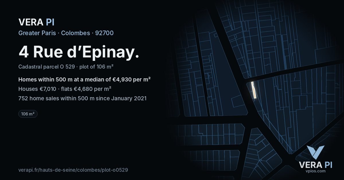 4 Rue d’Epinay, Colombes at night – the plot lit, the parcels around coloured by the prices near them