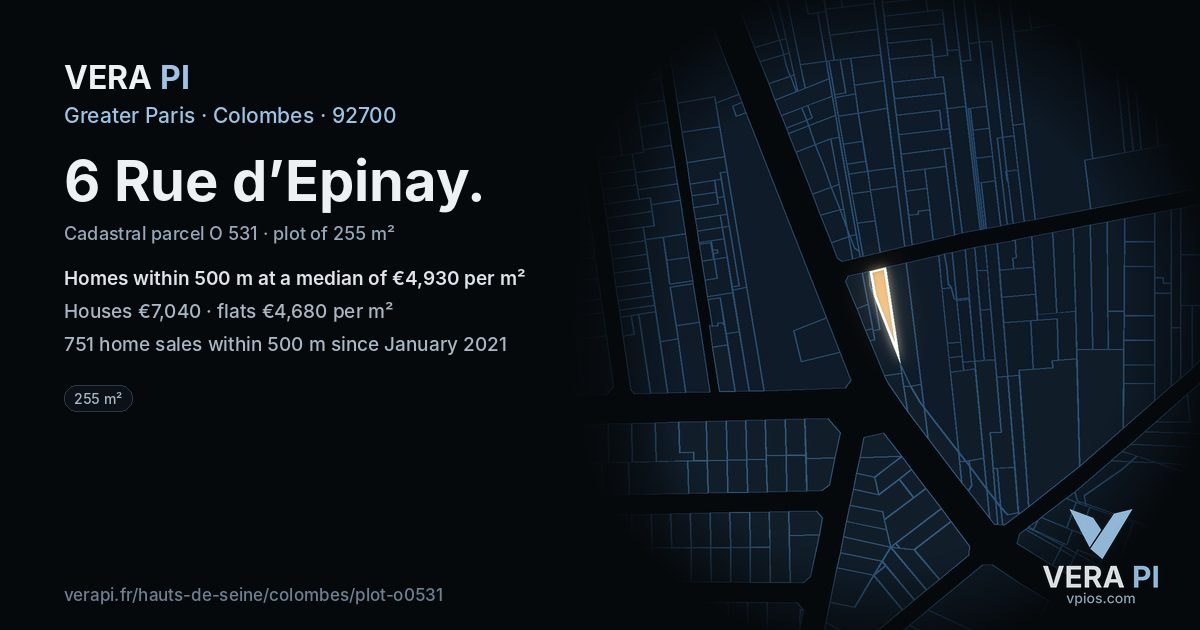 6 Rue d’Epinay, Colombes at night – the plot lit, the parcels around coloured by the prices near them