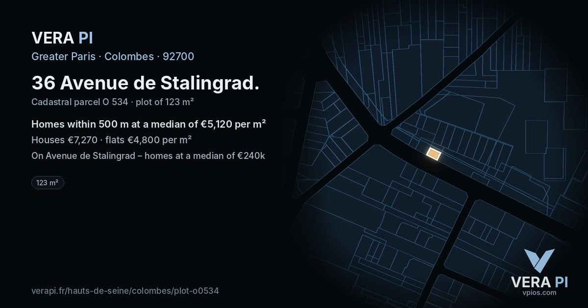 36 Avenue de Stalingrad, Colombes at night – the plot lit, the parcels around coloured by the prices near them