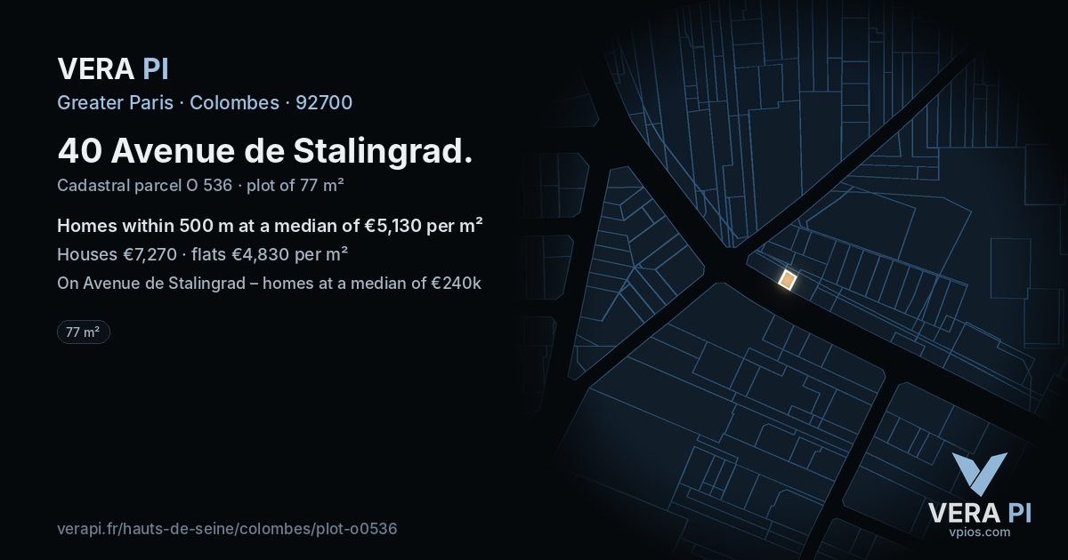 40 Avenue de Stalingrad, Colombes at night – the plot lit, the parcels around coloured by the prices near them