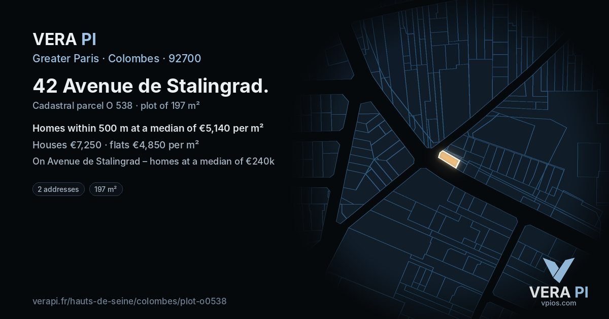 42 Avenue de Stalingrad, Colombes at night – the plot lit, the parcels around coloured by the prices near them