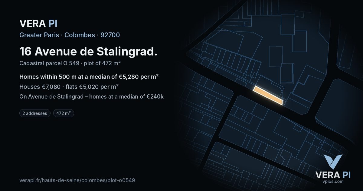 16 Avenue de Stalingrad, Colombes at night – the plot lit, the parcels around coloured by the prices near them