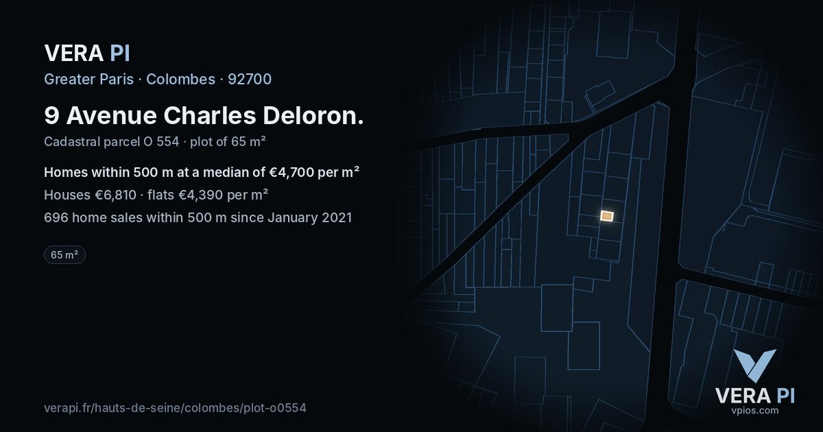 9 Avenue Charles Deloron, Colombes at night – the plot lit, the parcels around coloured by the prices near them