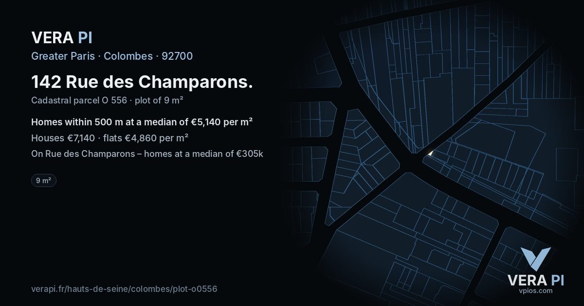 142 Rue des Champarons, Colombes at night – the plot lit, the parcels around coloured by the prices near them