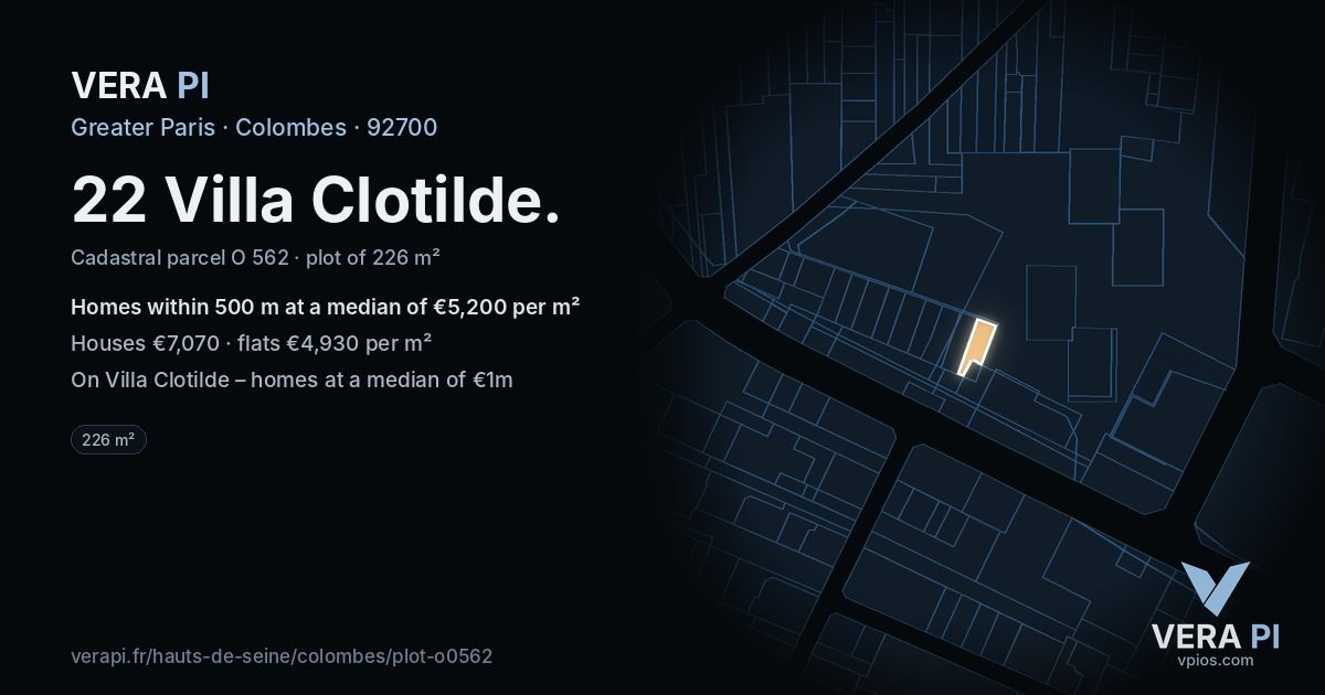 22 Villa Clotilde, Colombes at night – the plot lit, the parcels around coloured by the prices near them