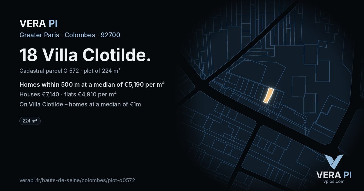 18 Villa Clotilde, Colombes at night – the plot lit, the parcels around coloured by the prices near them