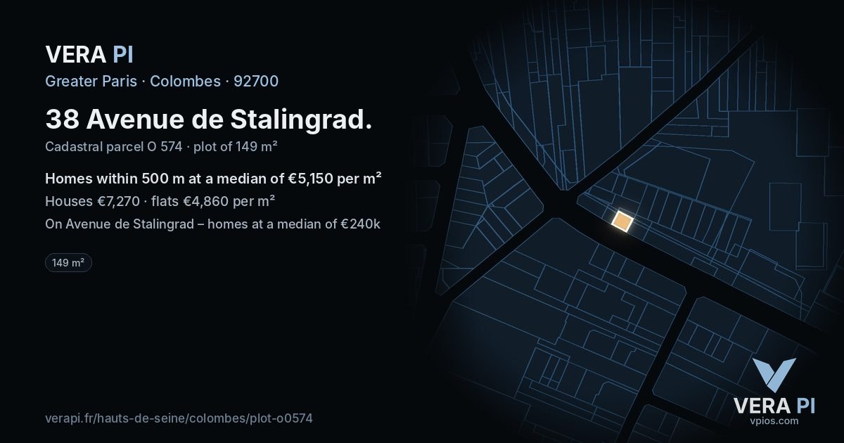 38 Avenue de Stalingrad, Colombes at night – the plot lit, the parcels around coloured by the prices near them