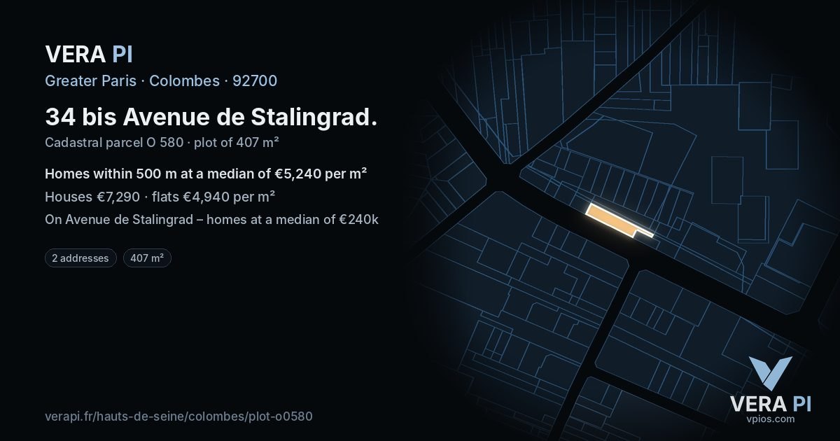 34 bis Avenue de Stalingrad, Colombes at night – the plot lit, the parcels around coloured by the prices near them