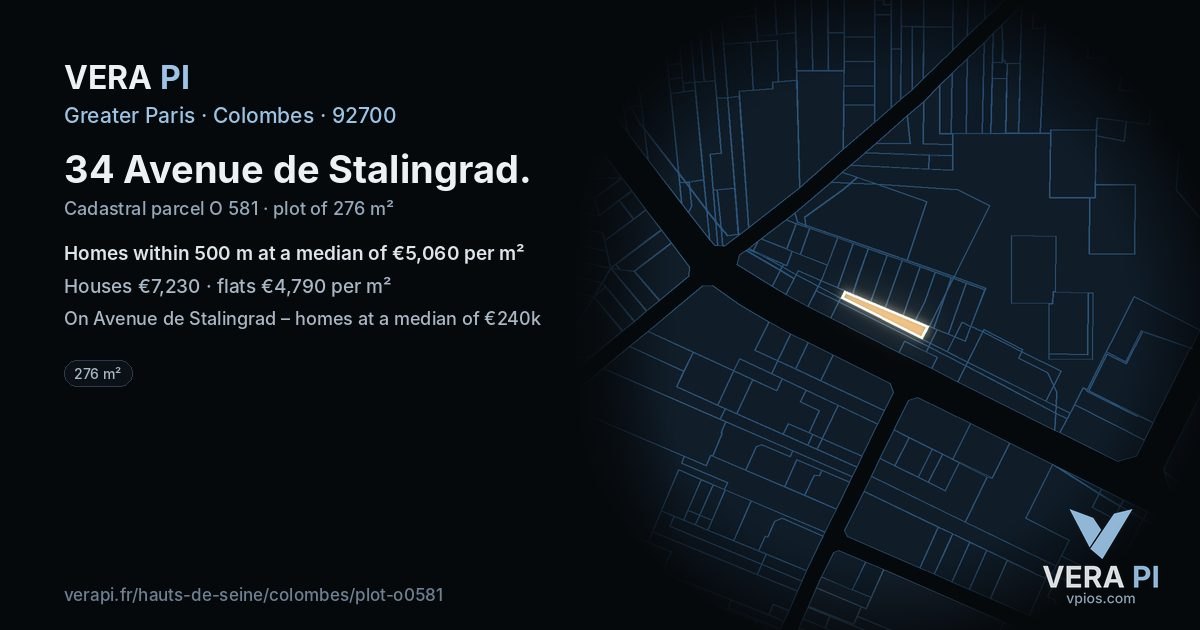 34 Avenue de Stalingrad, Colombes at night – the plot lit, the parcels around coloured by the prices near them