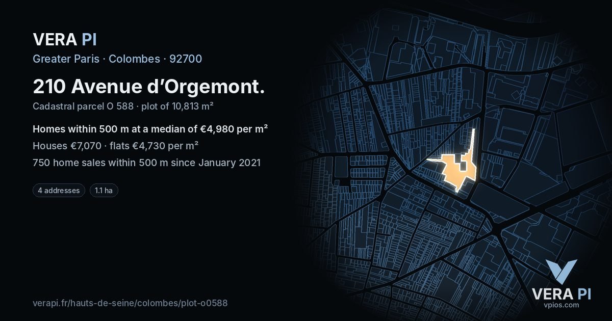 210 Avenue d’Orgemont, Colombes at night – the plot lit, the parcels around coloured by the prices near them