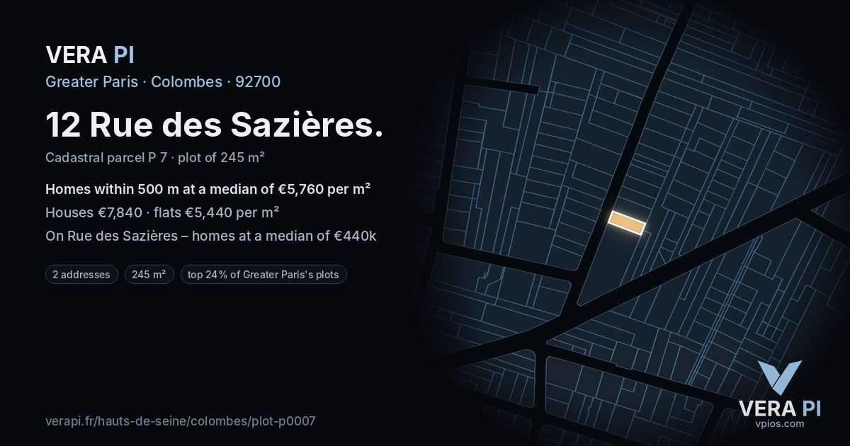 12 Rue des Sazières, Colombes at night – the plot lit, the parcels around coloured by the prices near them