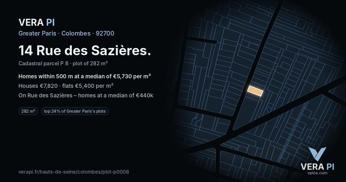 14 Rue des Sazières, Colombes at night – the plot lit, the parcels around coloured by the prices near them