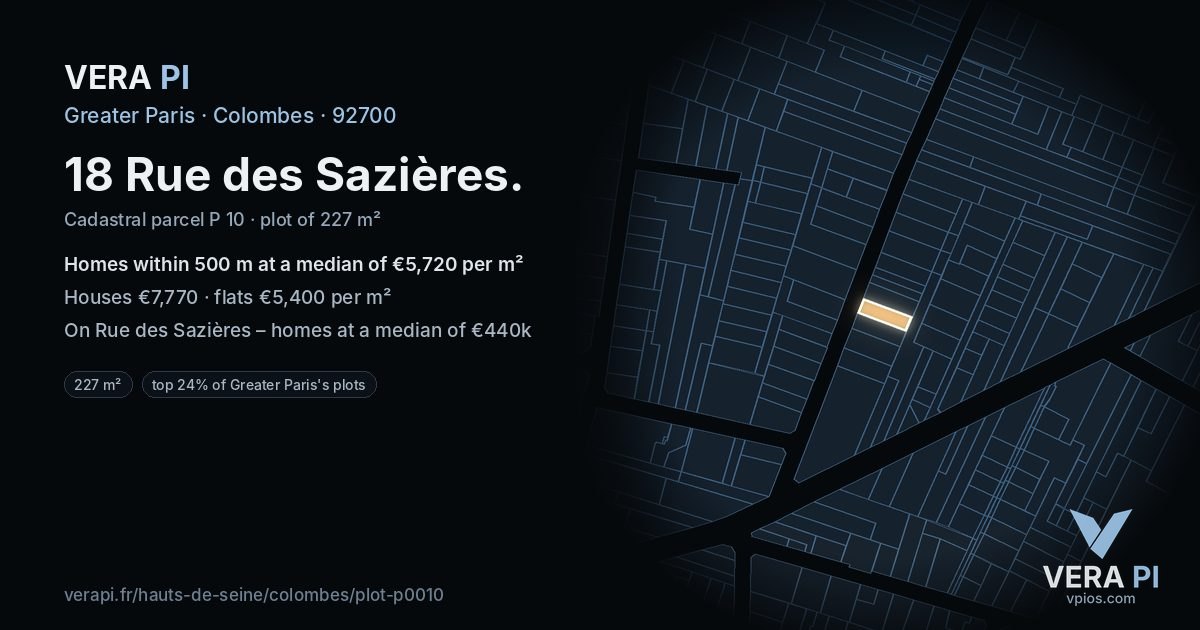 18 Rue des Sazières, Colombes at night – the plot lit, the parcels around coloured by the prices near them
