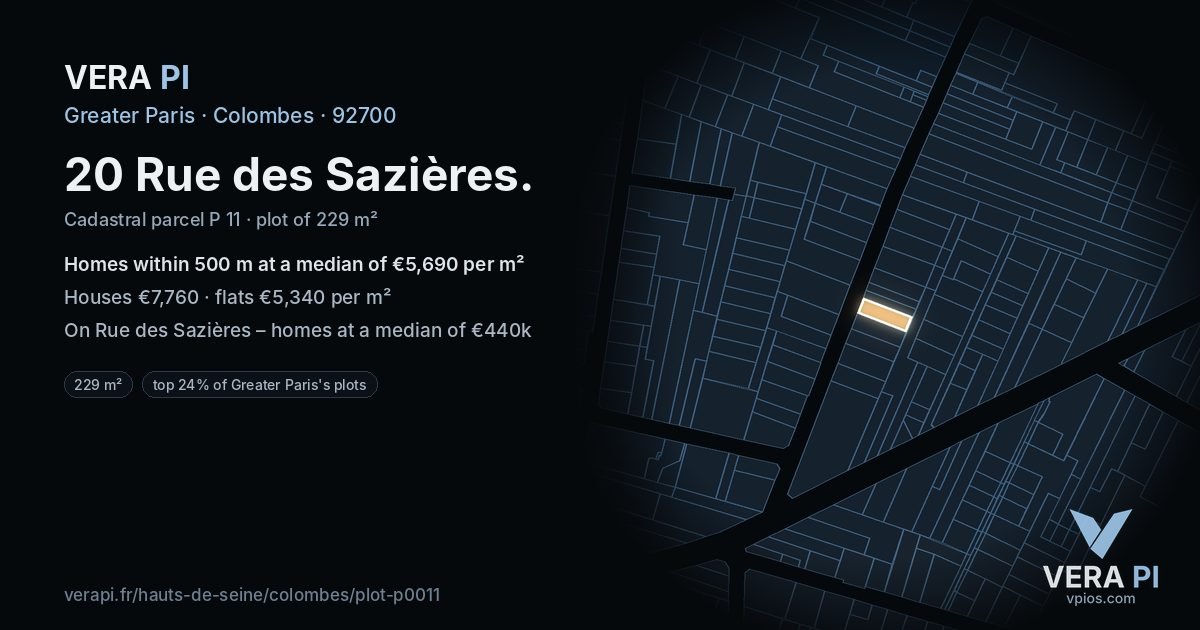 20 Rue des Sazières, Colombes at night – the plot lit, the parcels around coloured by the prices near them