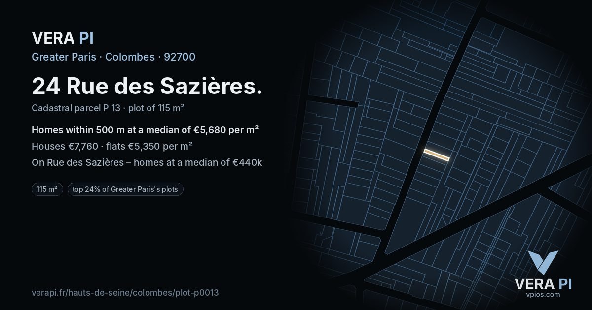 24 Rue des Sazières, Colombes at night – the plot lit, the parcels around coloured by the prices near them