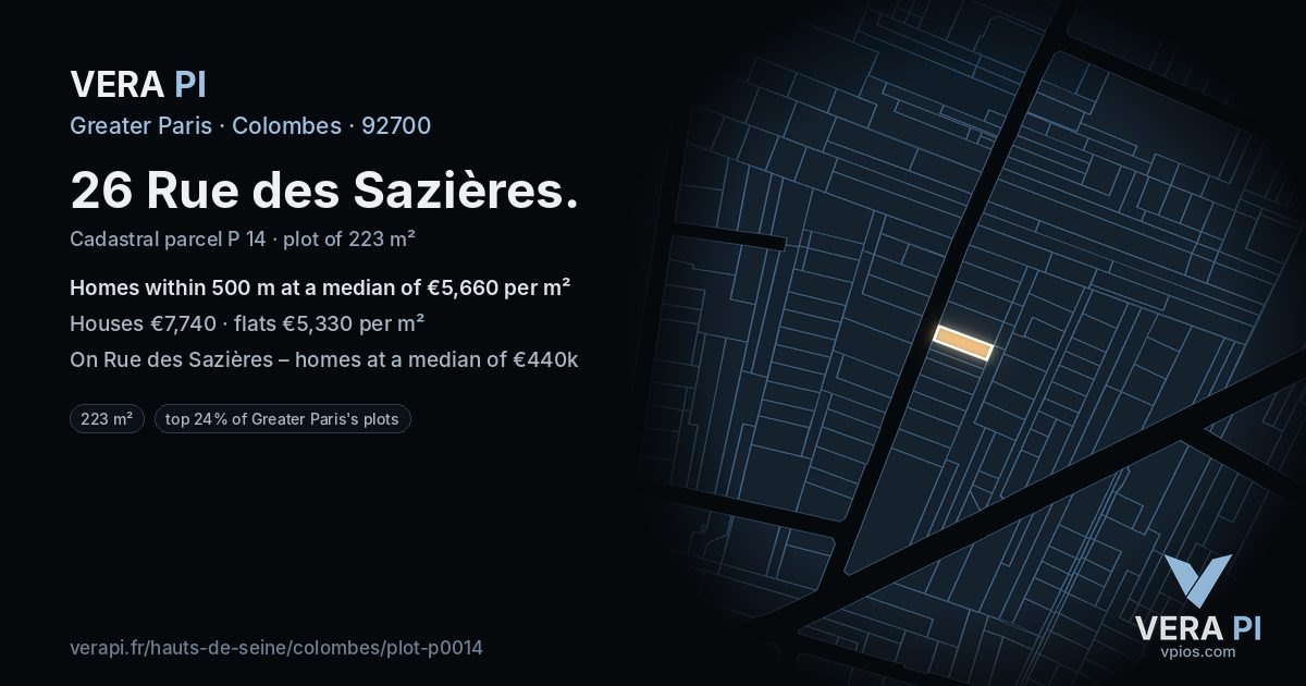 26 Rue des Sazières, Colombes at night – the plot lit, the parcels around coloured by the prices near them