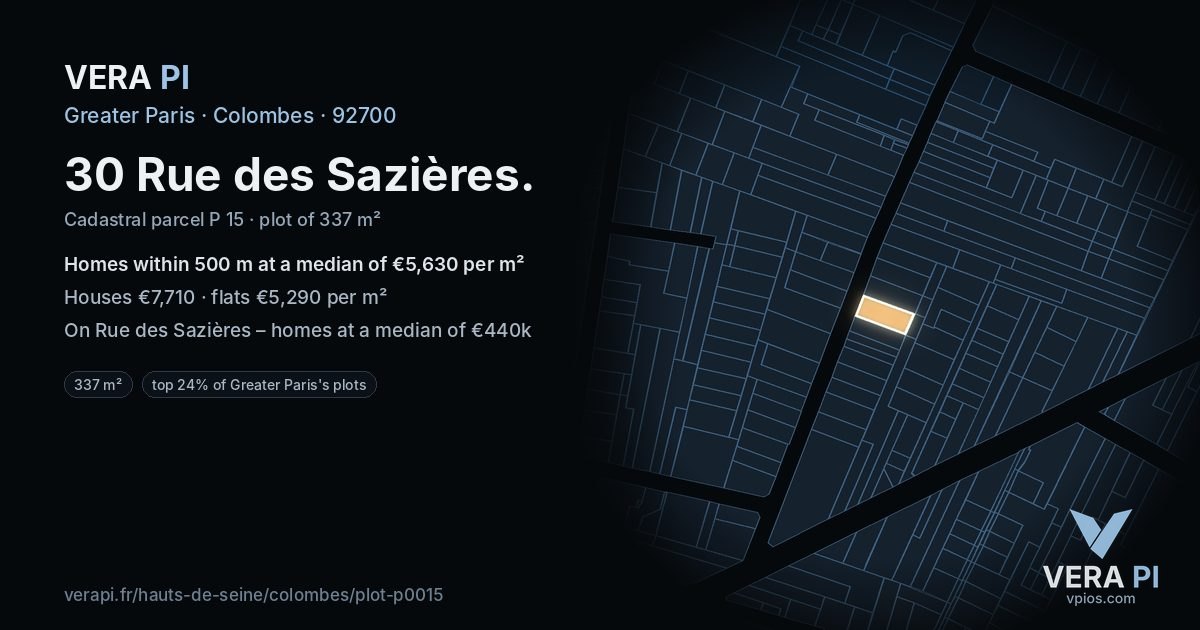 30 Rue des Sazières, Colombes at night – the plot lit, the parcels around coloured by the prices near them