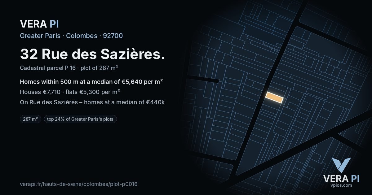 32 Rue des Sazières, Colombes at night – the plot lit, the parcels around coloured by the prices near them