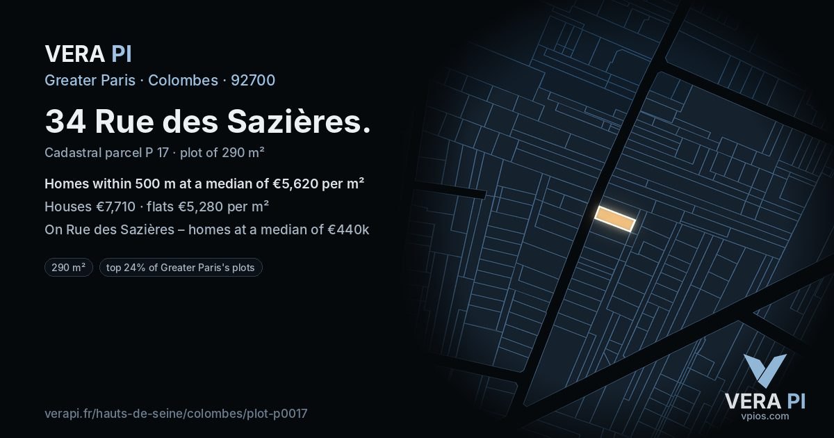 34 Rue des Sazières, Colombes at night – the plot lit, the parcels around coloured by the prices near them