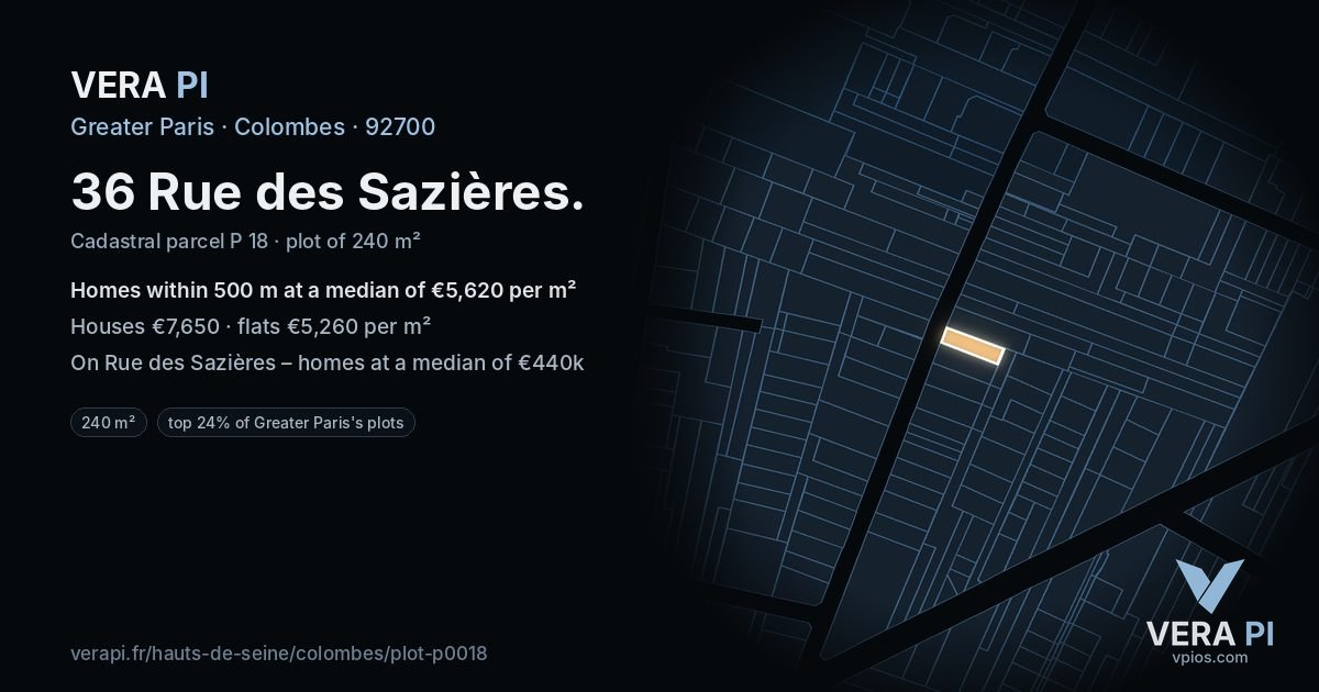 36 Rue des Sazières, Colombes at night – the plot lit, the parcels around coloured by the prices near them