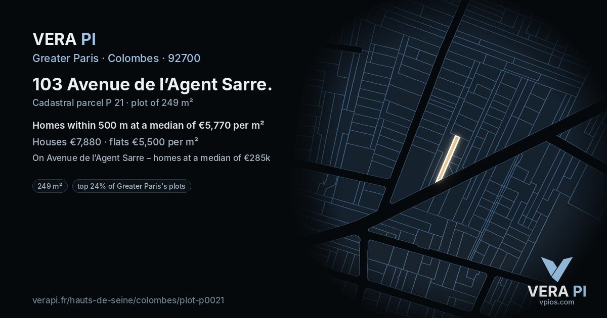103 Avenue de l’Agent Sarre, Colombes at night – the plot lit, the parcels around coloured by the prices near them