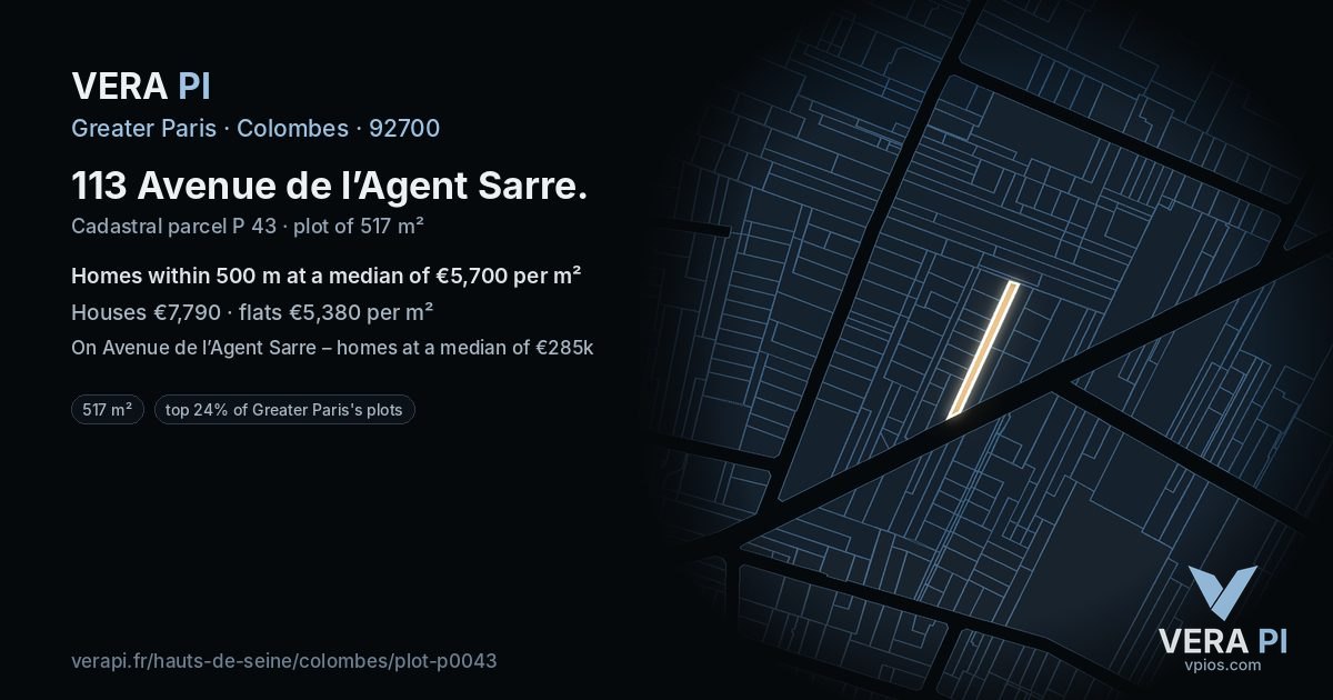 113 Avenue de l’Agent Sarre, Colombes at night – the plot lit, the parcels around coloured by the prices near them