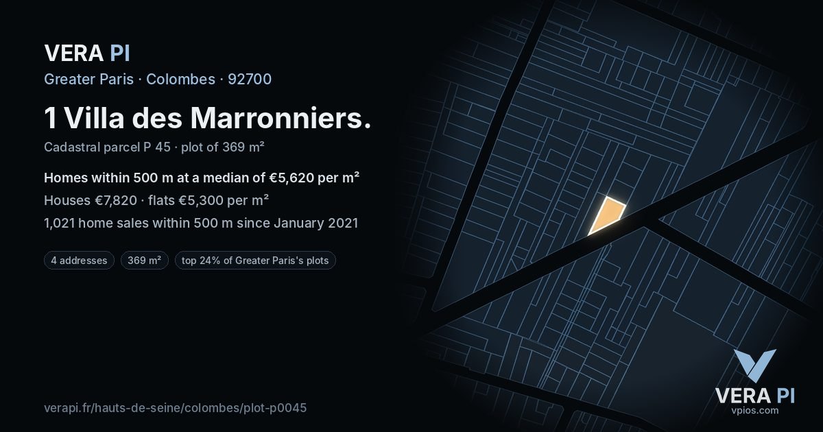 1 Villa des Marronniers, Colombes at night – the plot lit, the parcels around coloured by the prices near them