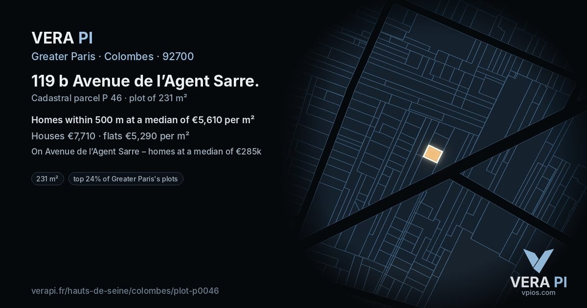 119 b Avenue de l’Agent Sarre, Colombes at night – the plot lit, the parcels around coloured by the prices near them