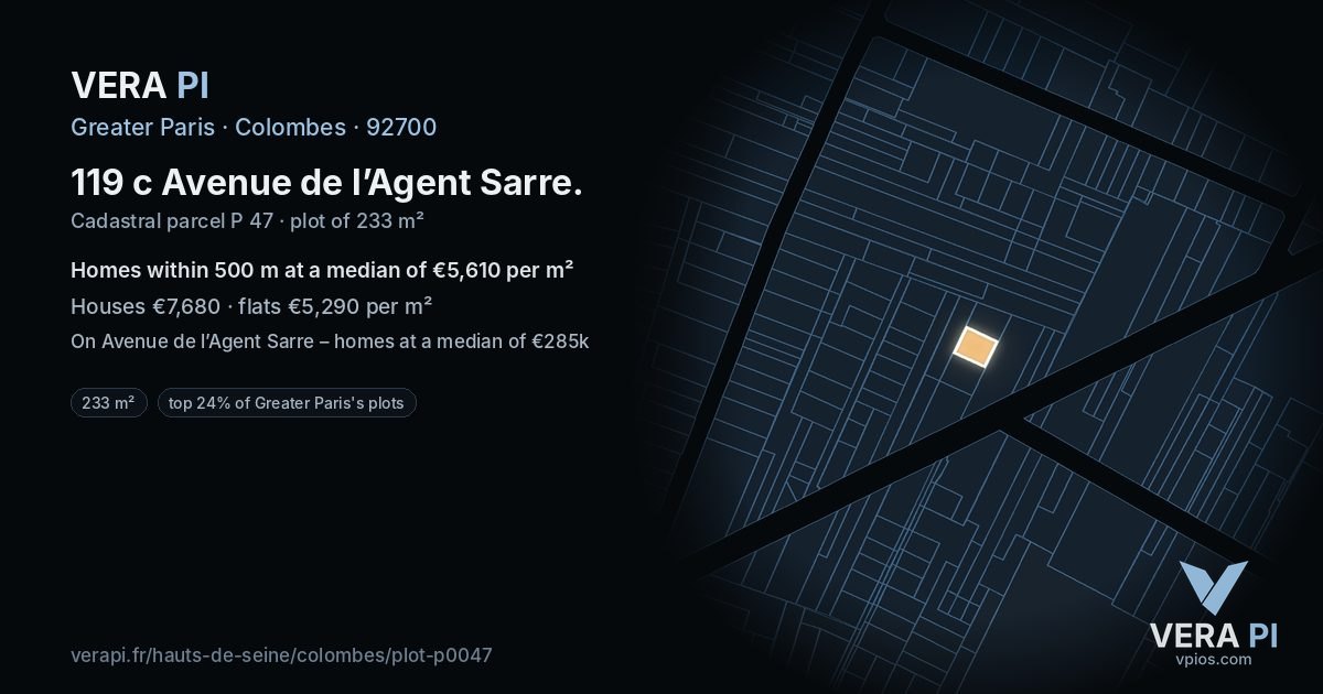 119 c Avenue de l’Agent Sarre, Colombes at night – the plot lit, the parcels around coloured by the prices near them