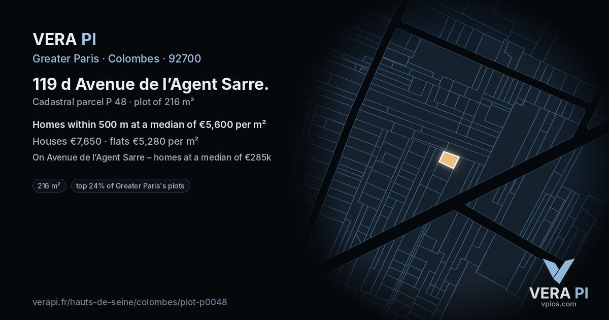119 d Avenue de l’Agent Sarre, Colombes at night – the plot lit, the parcels around coloured by the prices near them