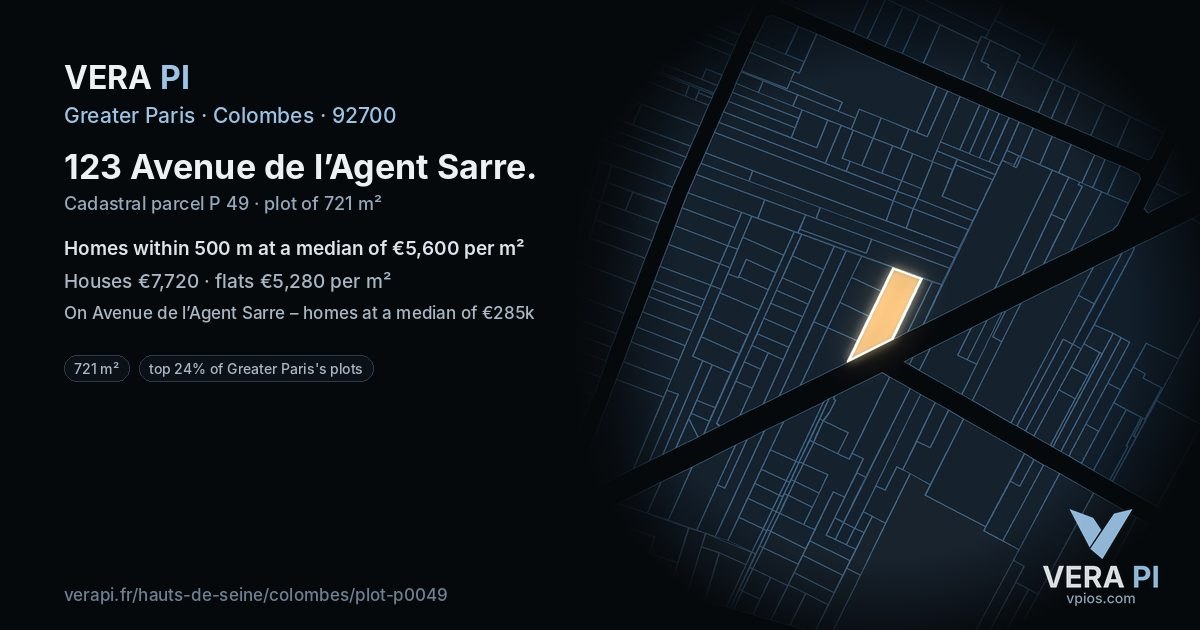 123 Avenue de l’Agent Sarre, Colombes at night – the plot lit, the parcels around coloured by the prices near them