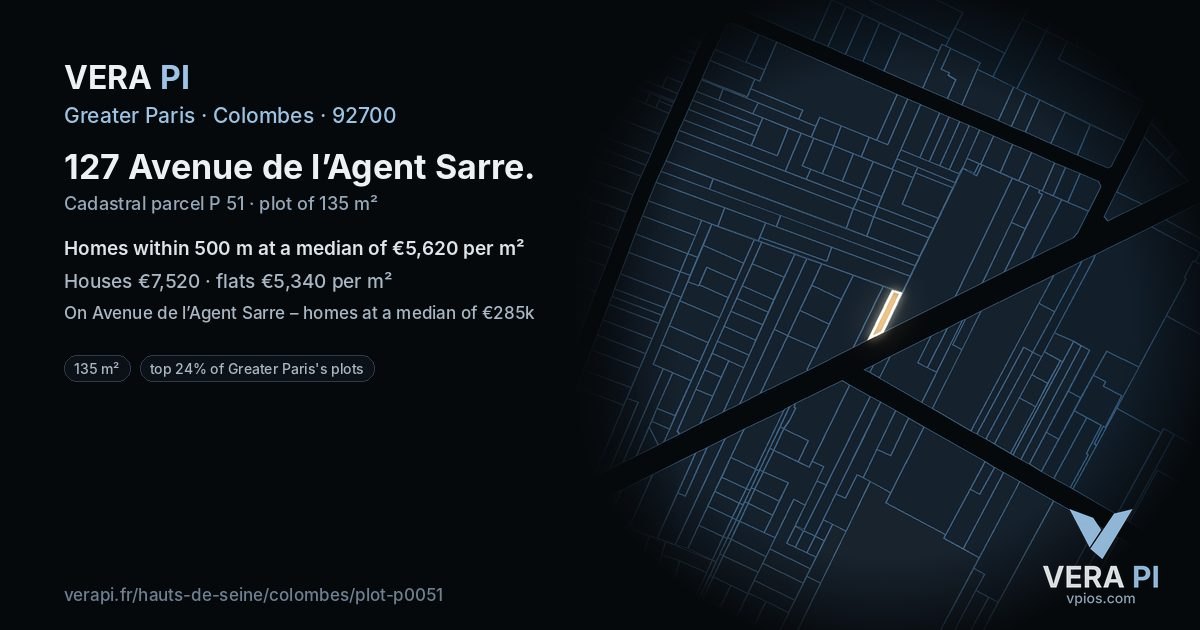 127 Avenue de l’Agent Sarre, Colombes at night – the plot lit, the parcels around coloured by the prices near them