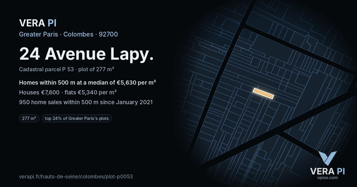 24 Avenue Lapy, Colombes at night – the plot lit, the parcels around coloured by the prices near them