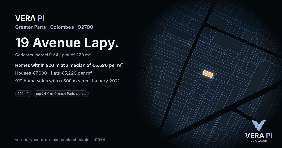 19 Avenue Lapy, Colombes at night – the plot lit, the parcels around coloured by the prices near them