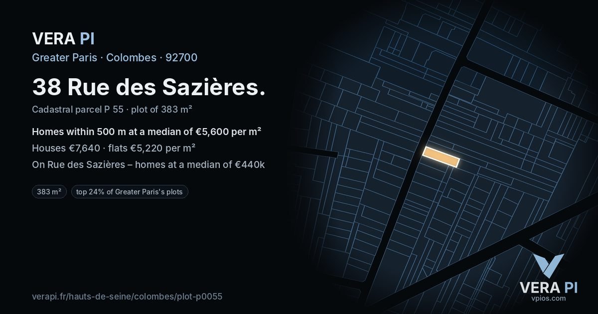 38 Rue des Sazières, Colombes at night – the plot lit, the parcels around coloured by the prices near them