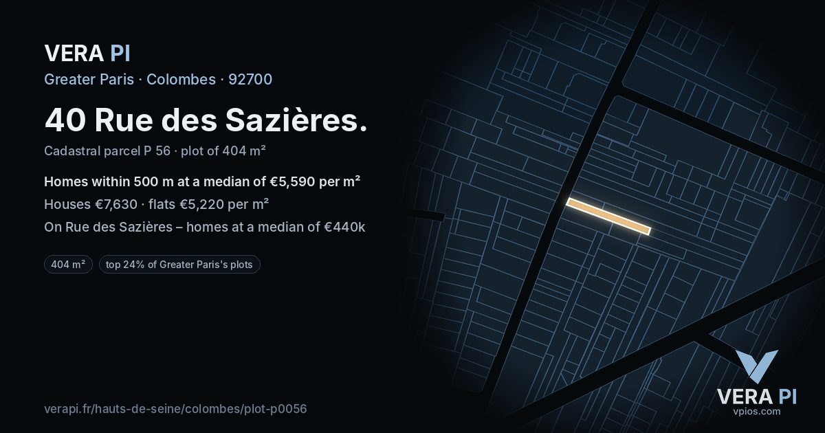 40 Rue des Sazières, Colombes at night – the plot lit, the parcels around coloured by the prices near them