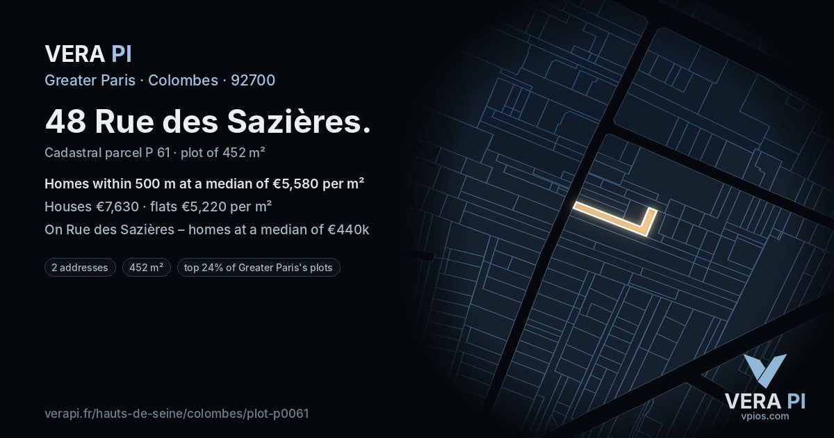 48 Rue des Sazières, Colombes at night – the plot lit, the parcels around coloured by the prices near them