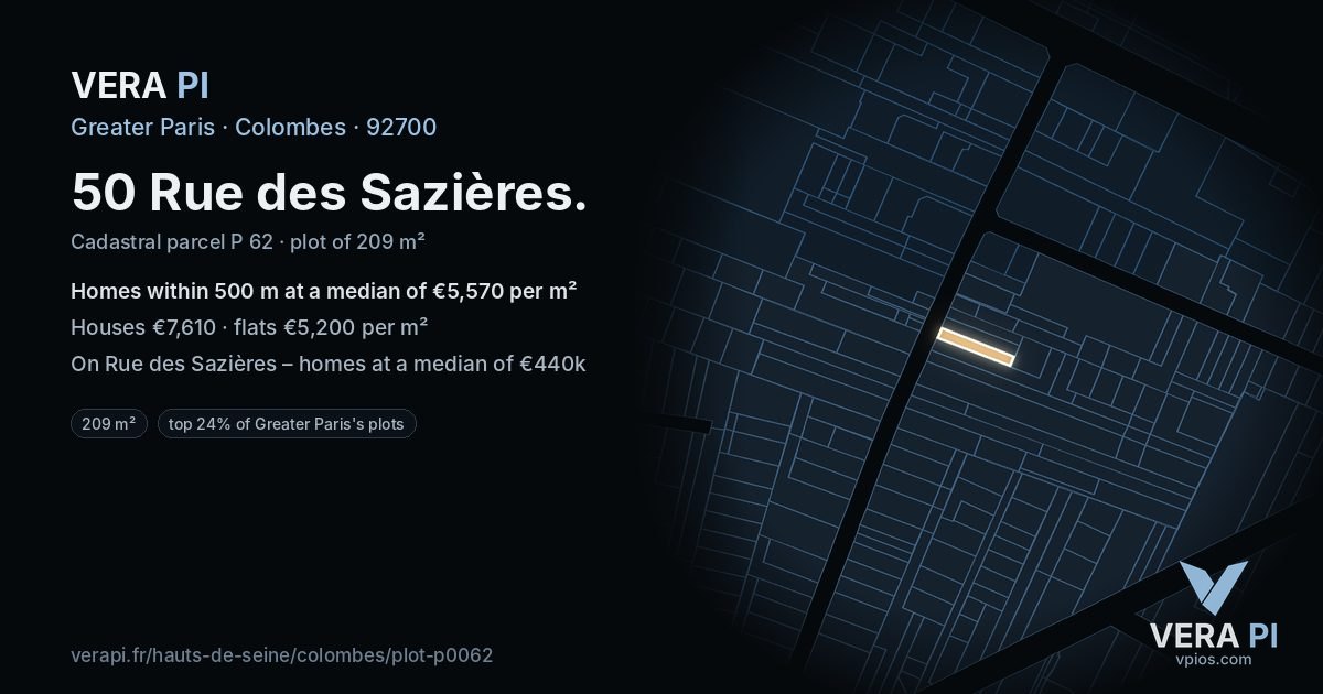 50 Rue des Sazières, Colombes at night – the plot lit, the parcels around coloured by the prices near them