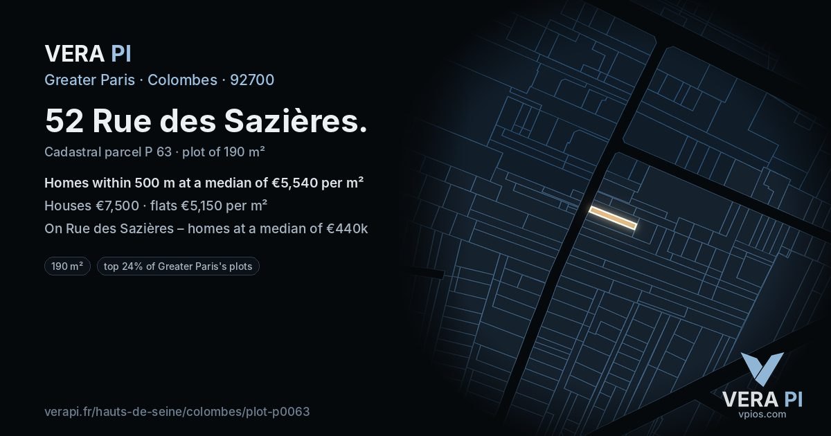 52 Rue des Sazières, Colombes at night – the plot lit, the parcels around coloured by the prices near them
