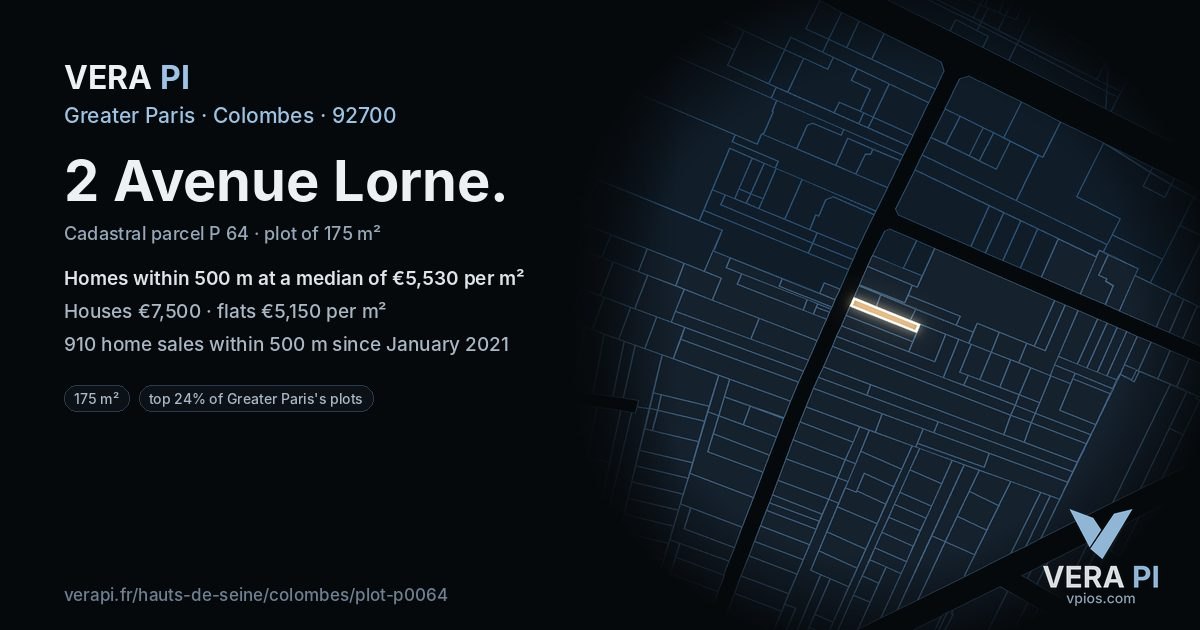 2 Avenue Lorne, Colombes at night – the plot lit, the parcels around coloured by the prices near them