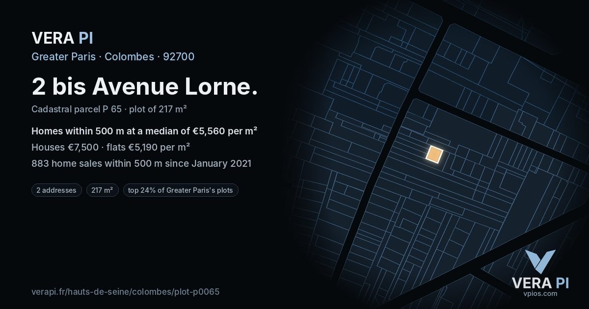 2 bis Avenue Lorne, Colombes at night – the plot lit, the parcels around coloured by the prices near them