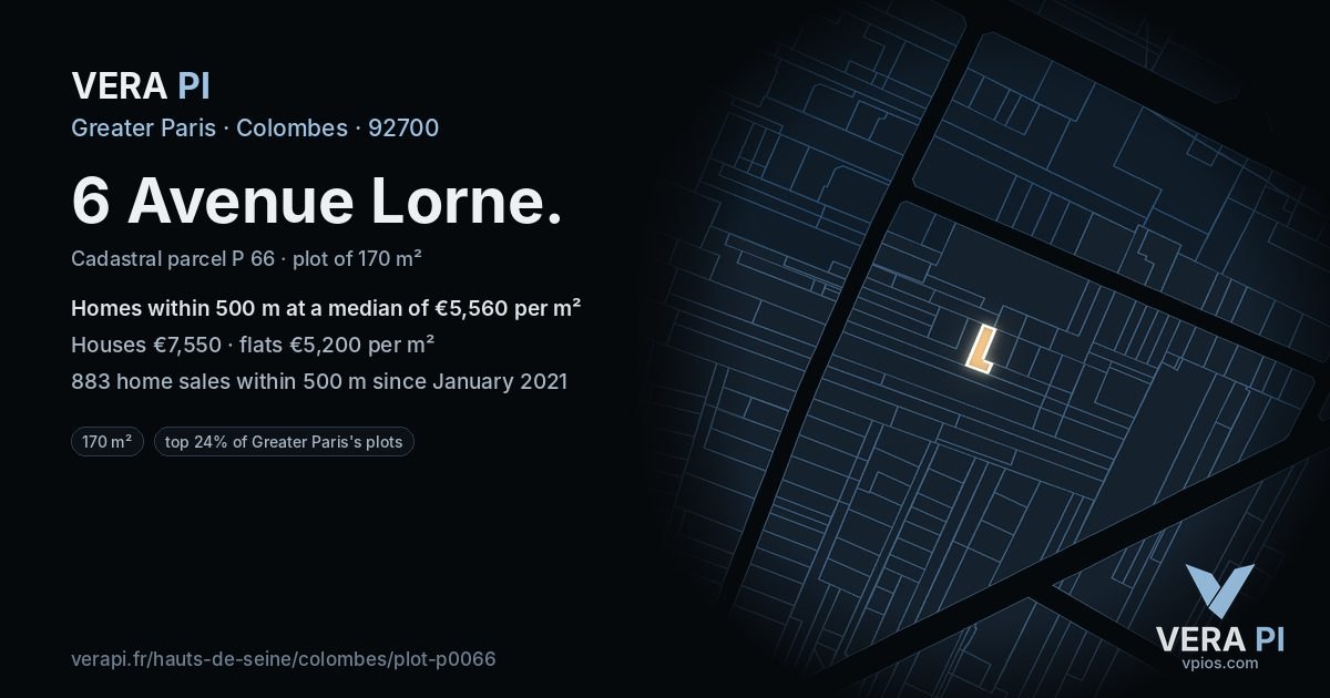 6 Avenue Lorne, Colombes at night – the plot lit, the parcels around coloured by the prices near them